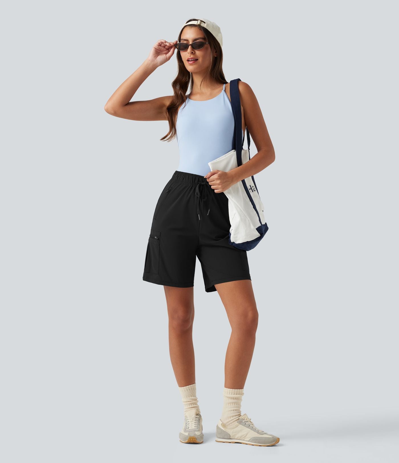 Bermuda cargo décontracté taille haute à cordon de serrage, séchage rapide, effet frais, protection solaire UPF 40+, 17,5 cm, avec poches