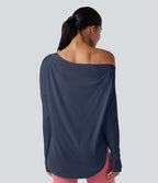 Top de sport yoga une épaule séchage rapide ourlet arrondi asymétrique manches longues avec trous pouces - Brassière intégrée