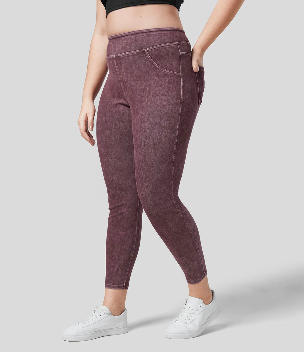 Halara Flex™ Legging Casual 7/8 Grande Taille en Denim Tricot Extensible Coloré à Taille Haute avec Poches Latérales Arrière