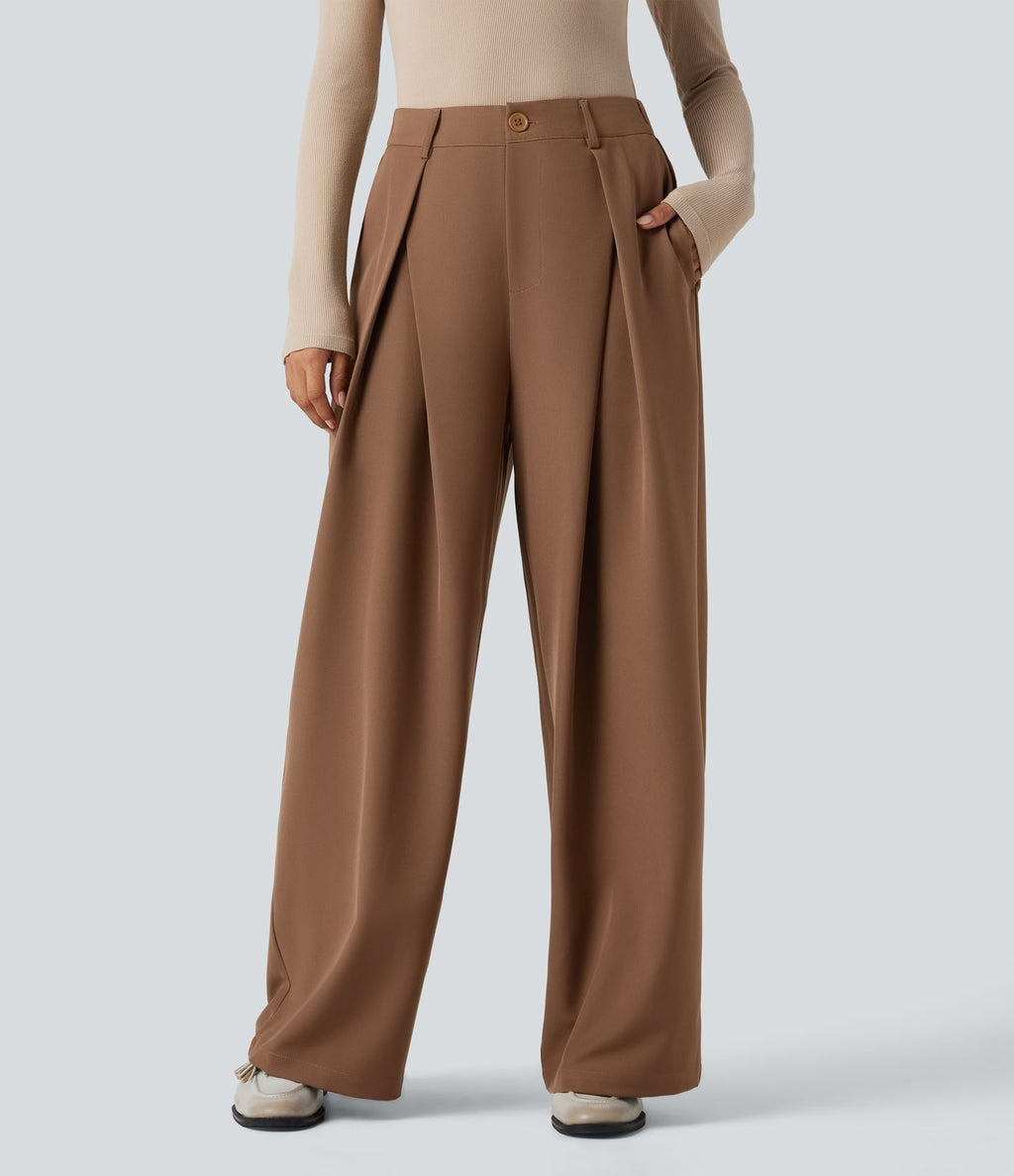 Pantalon tailleur large, taille haute, à poches