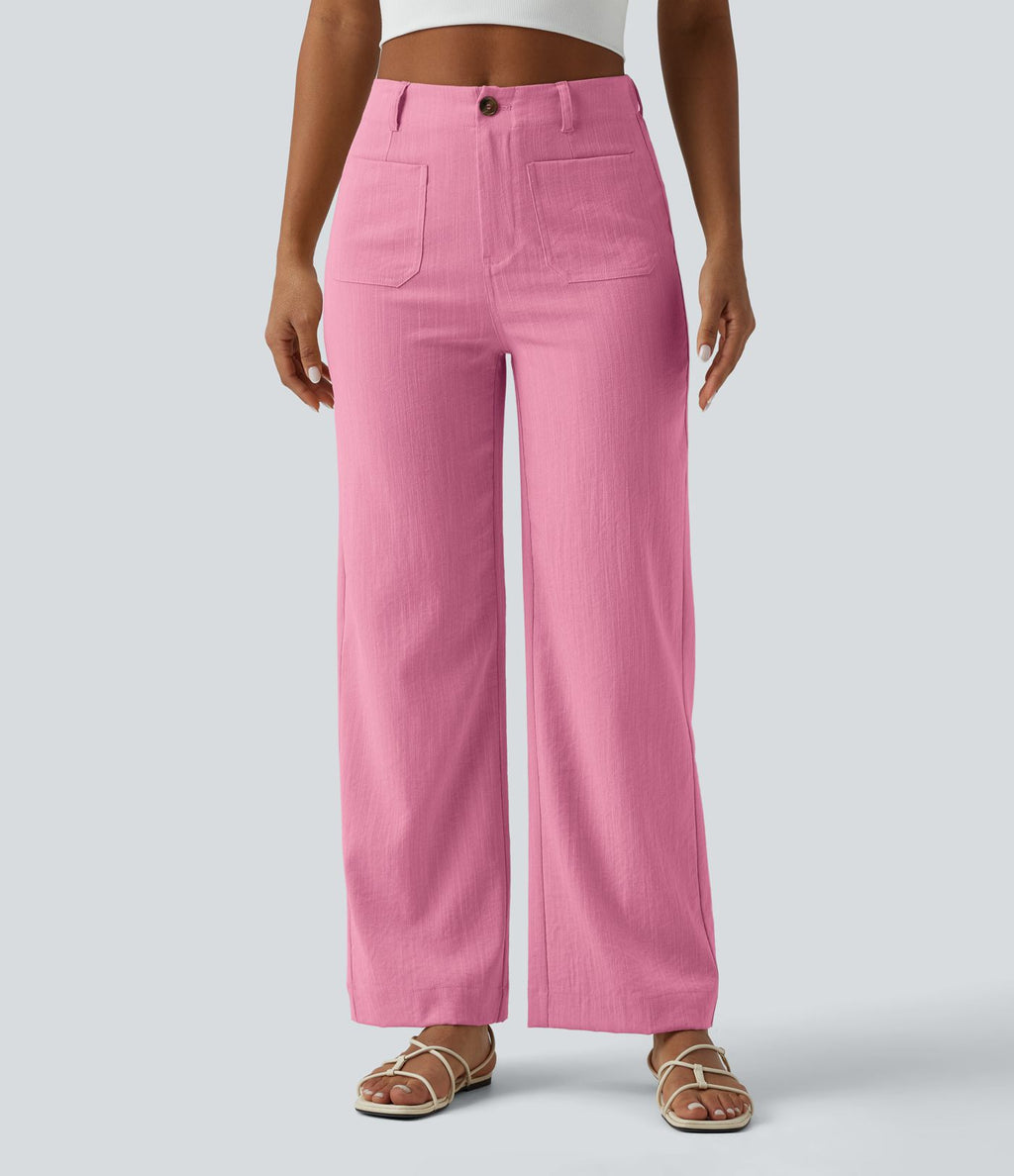 Pantalon taille haute coupe droite effet lin avec poches
