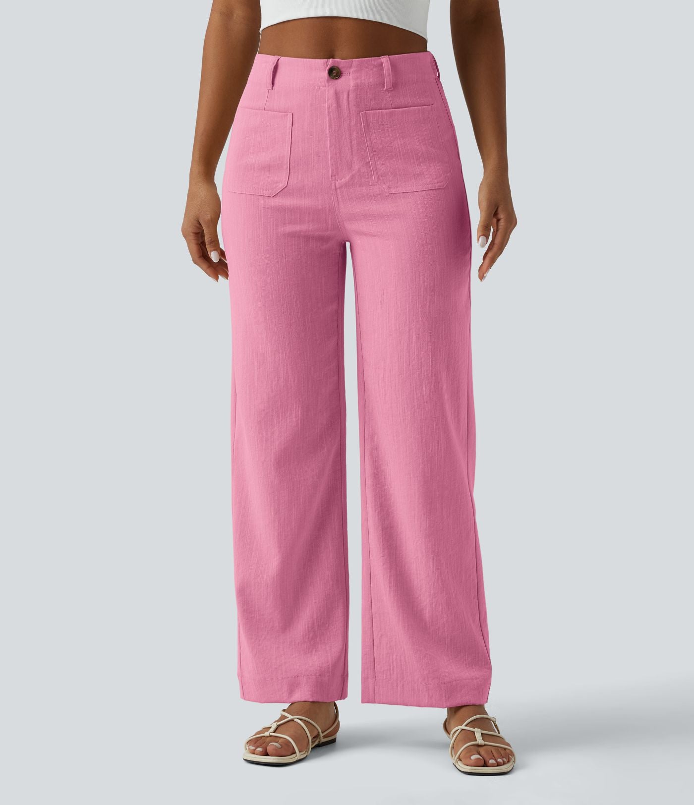 Pantalon taille haute coupe droite effet lin avec poches