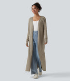 Manteau long décontracté à manches longues chiné avec fentes latérales