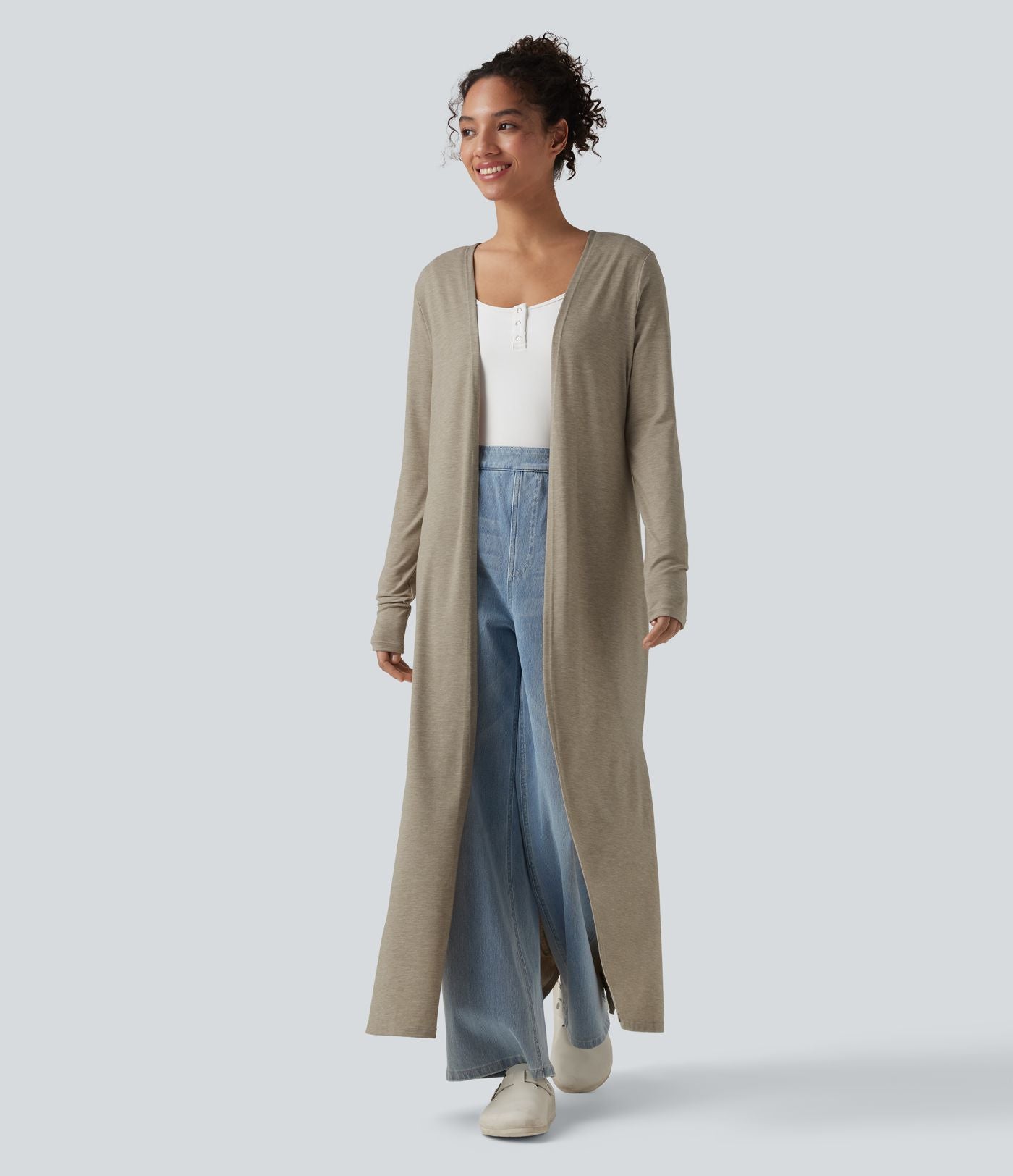 Manteau long décontracté à manches longues chiné avec fentes latérales