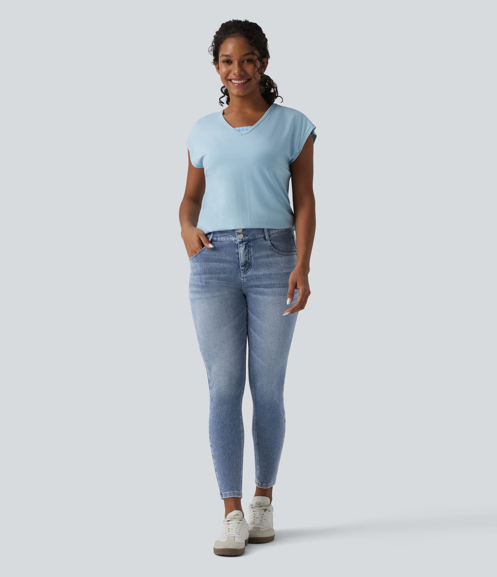 Halara Flex™ Jean skinny 7/8 casual taille mi-haute en lyocell drapé effet délavé, avec poches