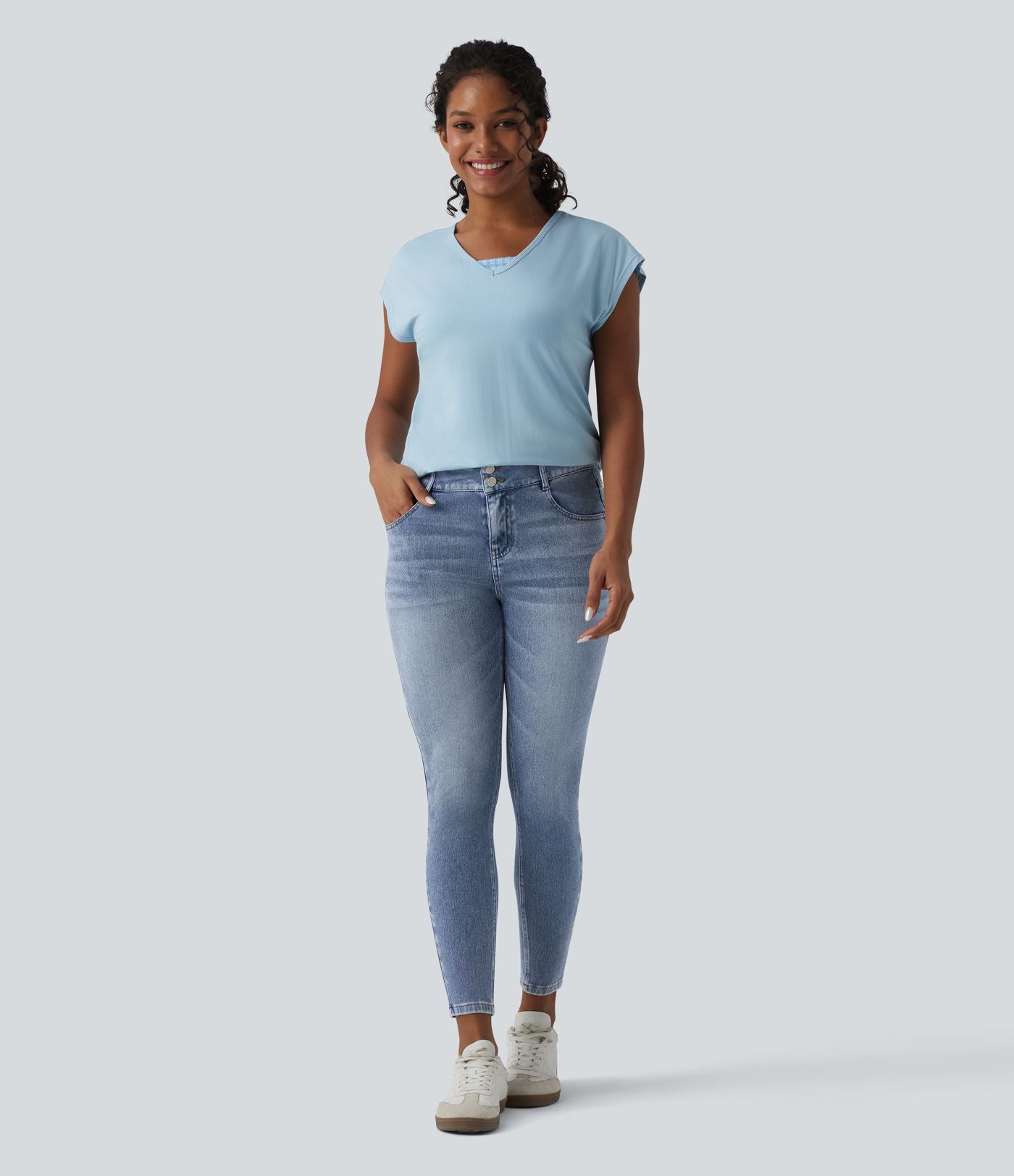 Halara Flex™ Jean skinny 7/8 casual taille mi-haute en lyocell drapé effet délavé, avec poches