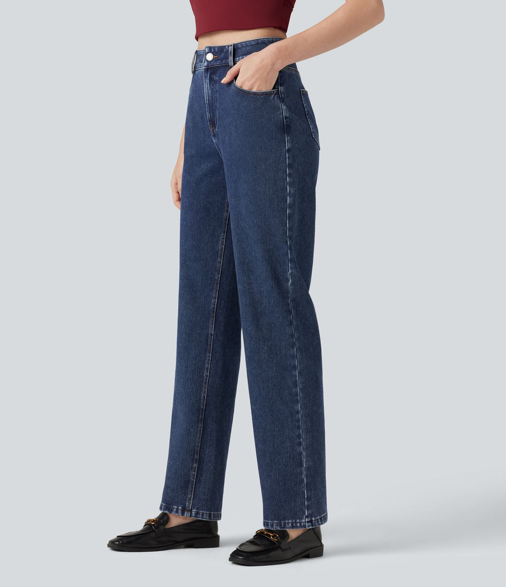 Halara Flex™ Jean droit extensible à taille haute avec bouton, fermeture éclair et poches multiples