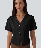 Blouse de travail col V manches courtes aspect lin