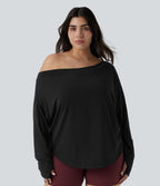 Haut de yoga grande taille asymétrique une épaule dénudée manches longues avec passages pouces, ourlet arrondi high-low et séchage rapide - Brassière intégrée