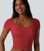 T-shirt crop décontracté côtelé dos nu à nouer avec soutien-gorge intégré manches courtes