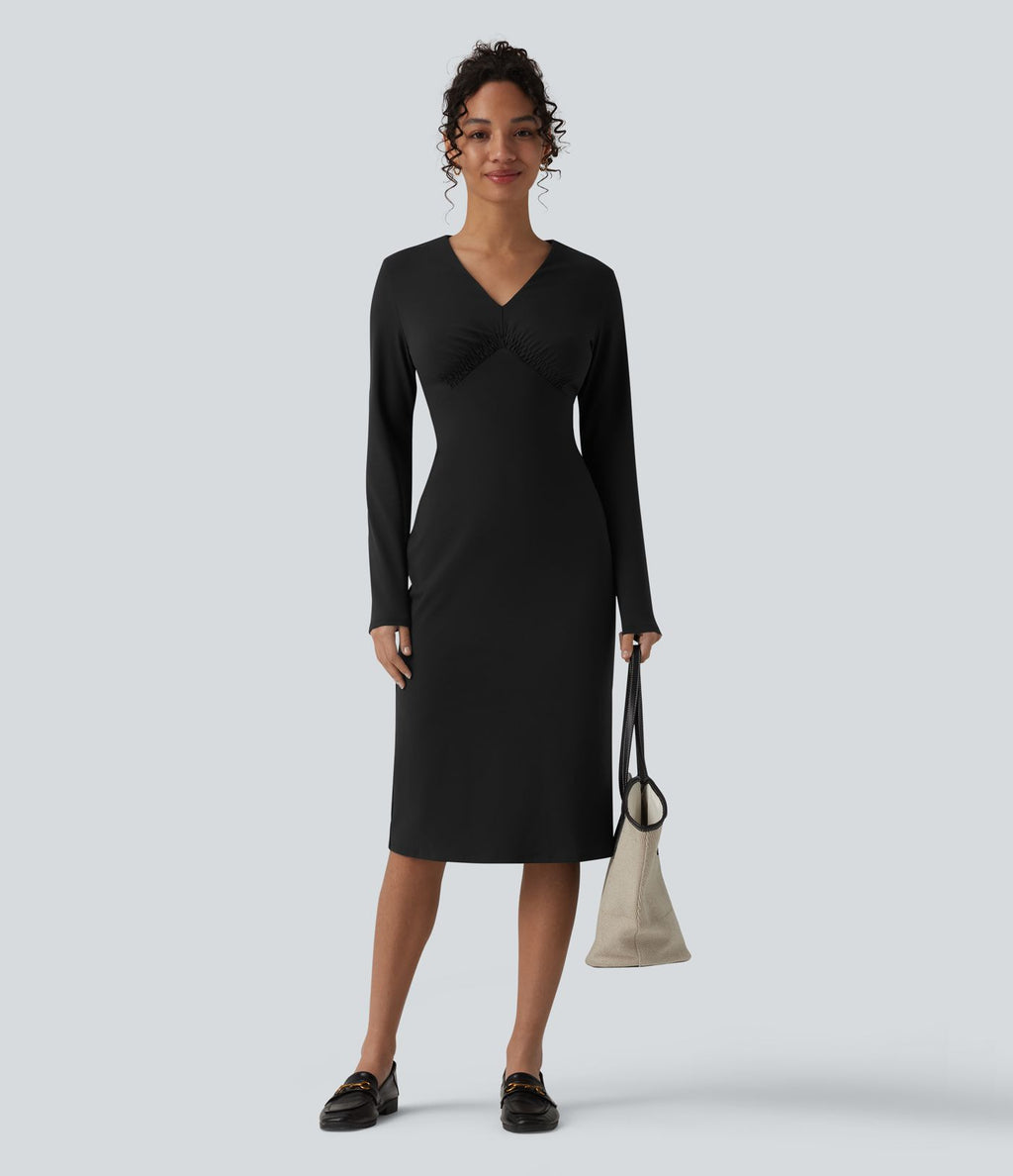 Robe midi col V manches longues froncée avec fente - Idéale pour le bureau