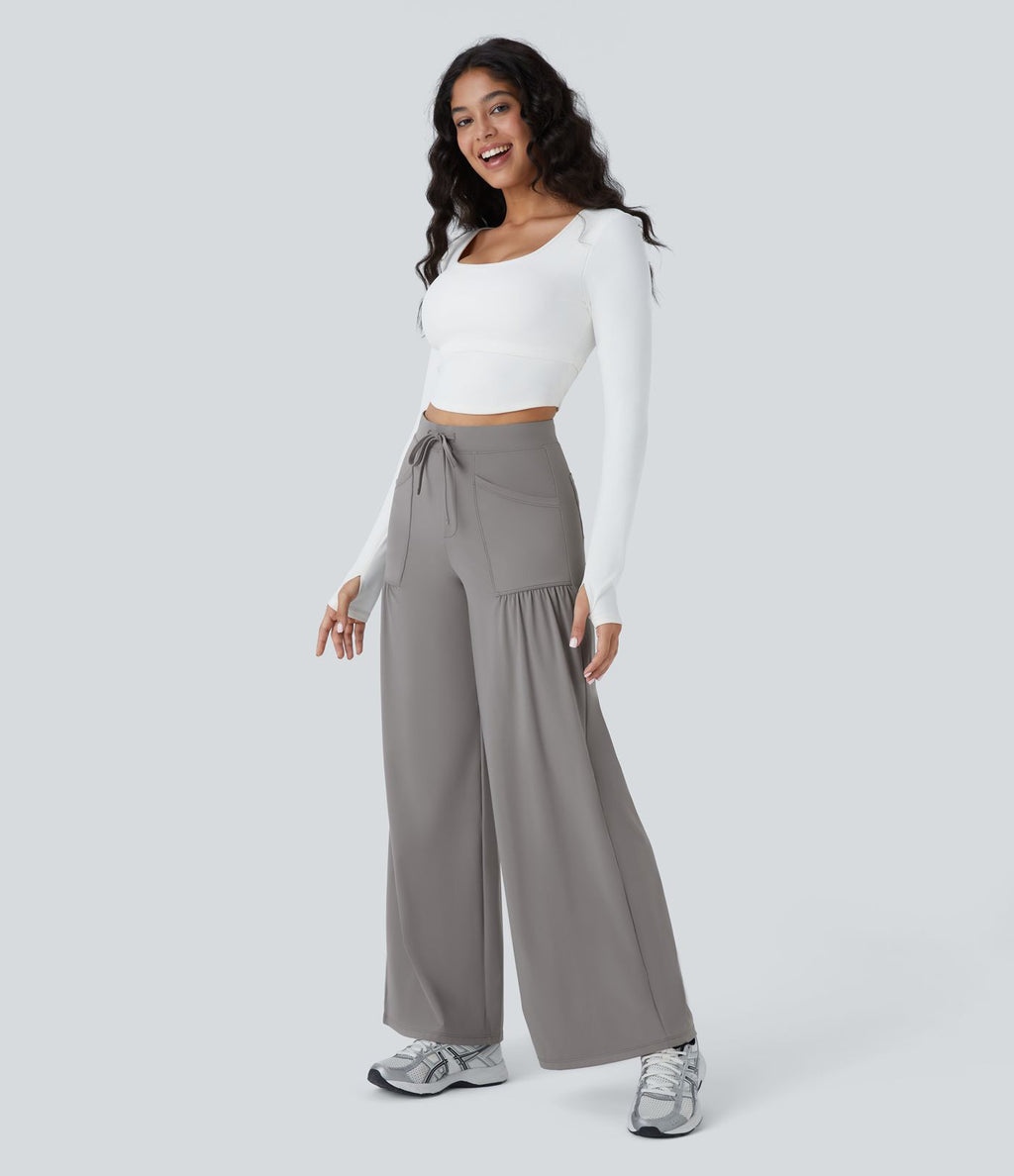 Pantalon Large Yoga Taille Haute avec Cordon de Serrage Plusieurs Poches et Plis