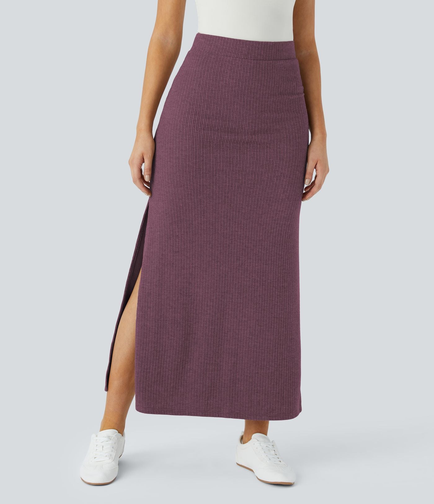 Jupe Casual Maxi à Taille Haute et Ourlet Fendu en A-Line en Côtes