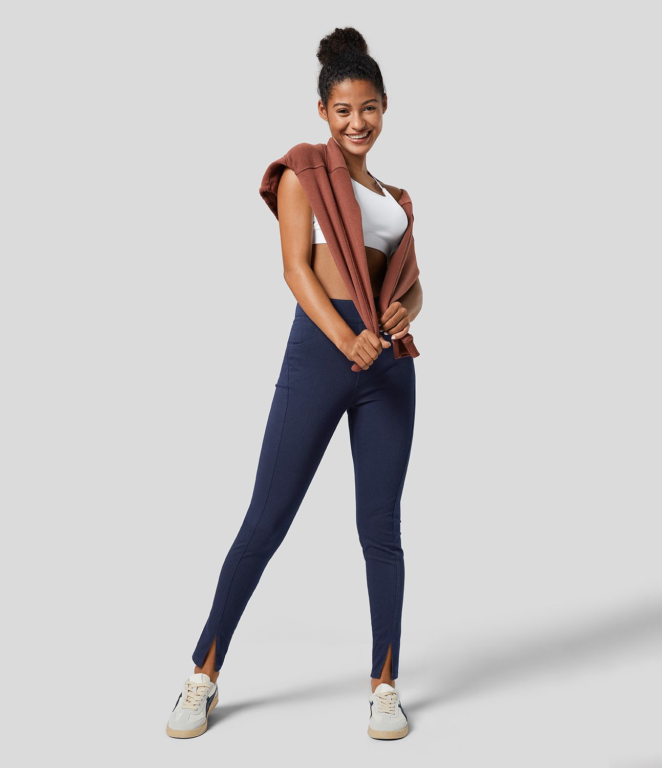 Halara Flex™ Legging Casual en Denim Extensible à Taille Haute avec Poches Latérales et Fentes