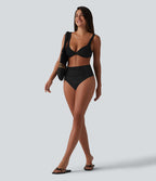 Ensemble bikini jacquard ventre plat bretelles réglables détail torsadé et froncé