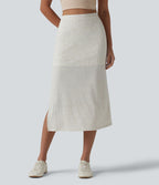 Jupe midi moulante côtelée taille haute aspect lin décontractée