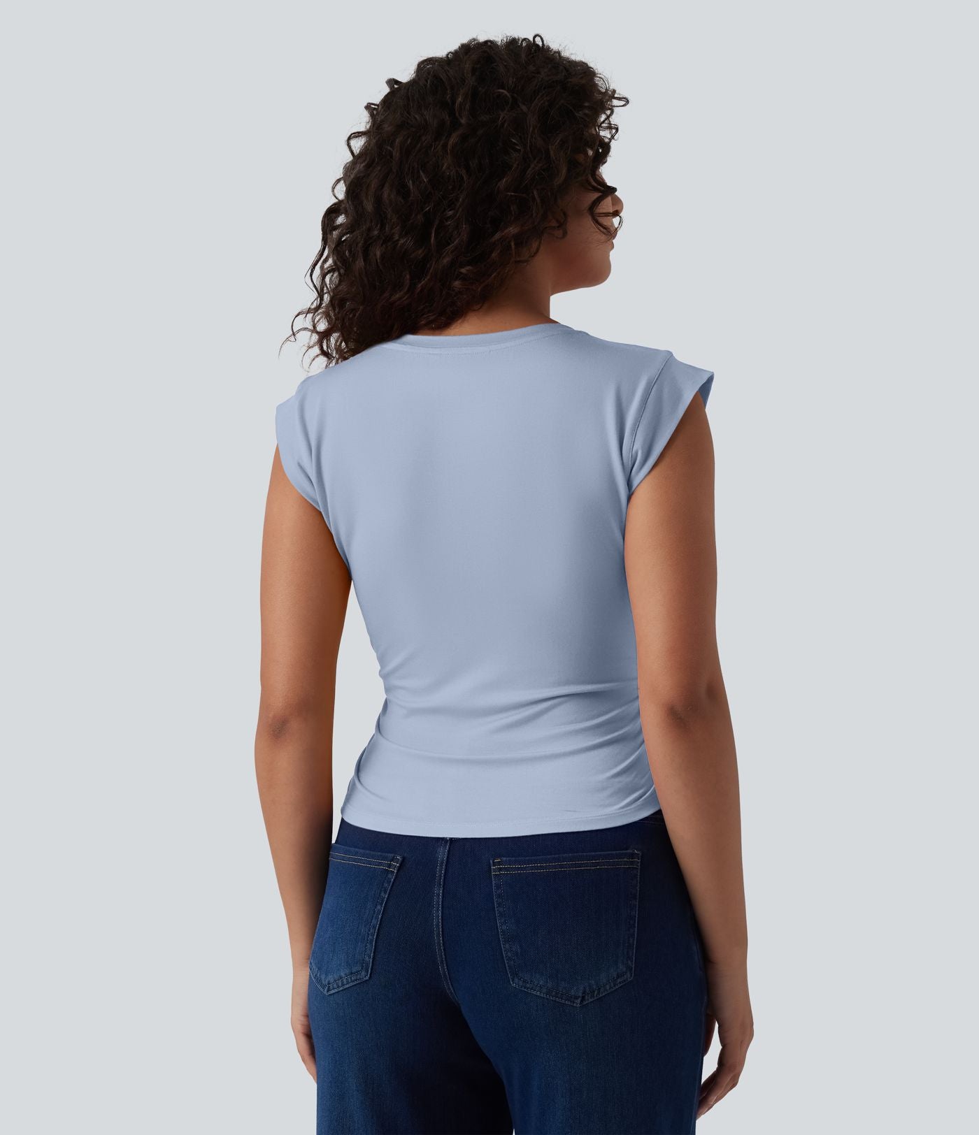 T-shirt décontracté col V manches courtes ourlet arrondi froncé