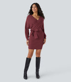 Robe-pull courte décontractée à col V croisé, manches chauve-souris longues et ceinture