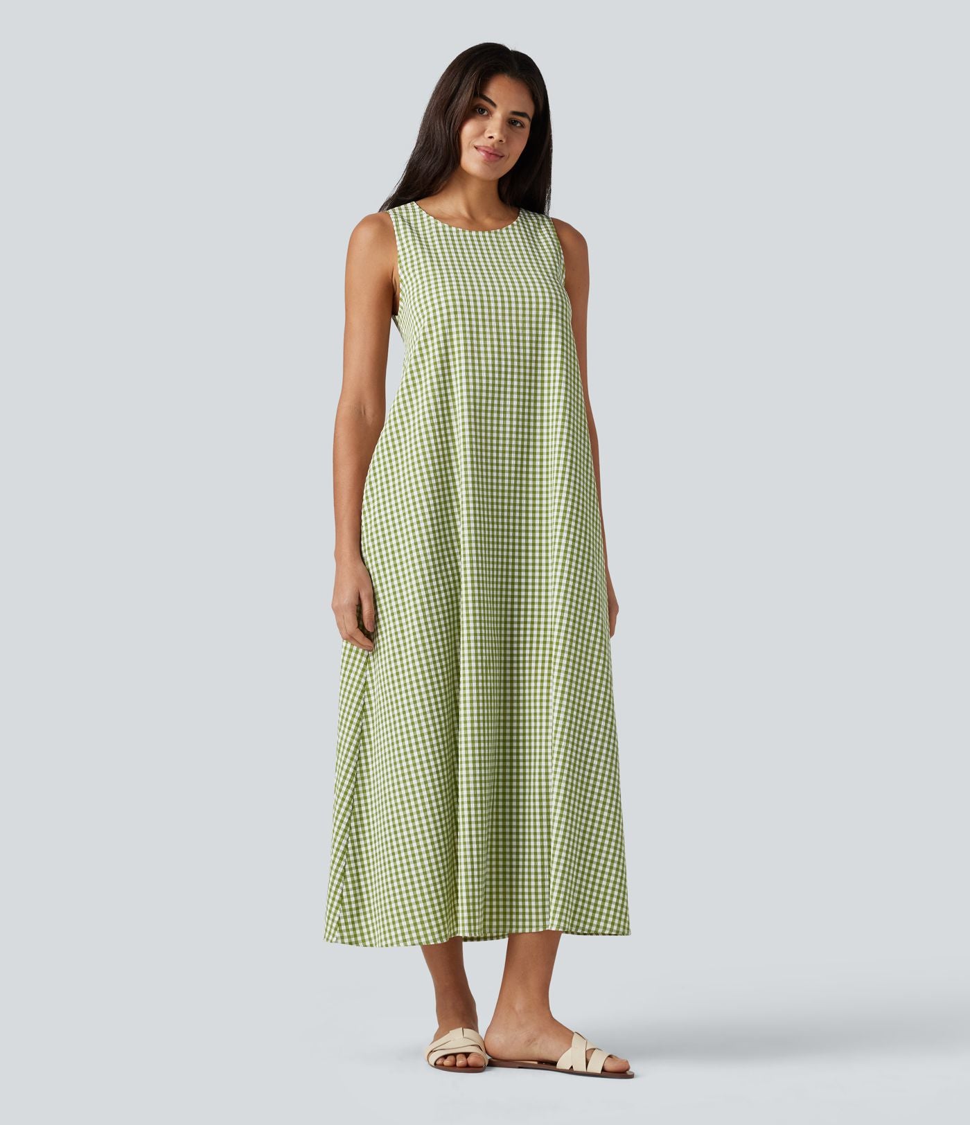 Robe débardeur midi décontractée col rond sans manches en vichy froissé avec poches