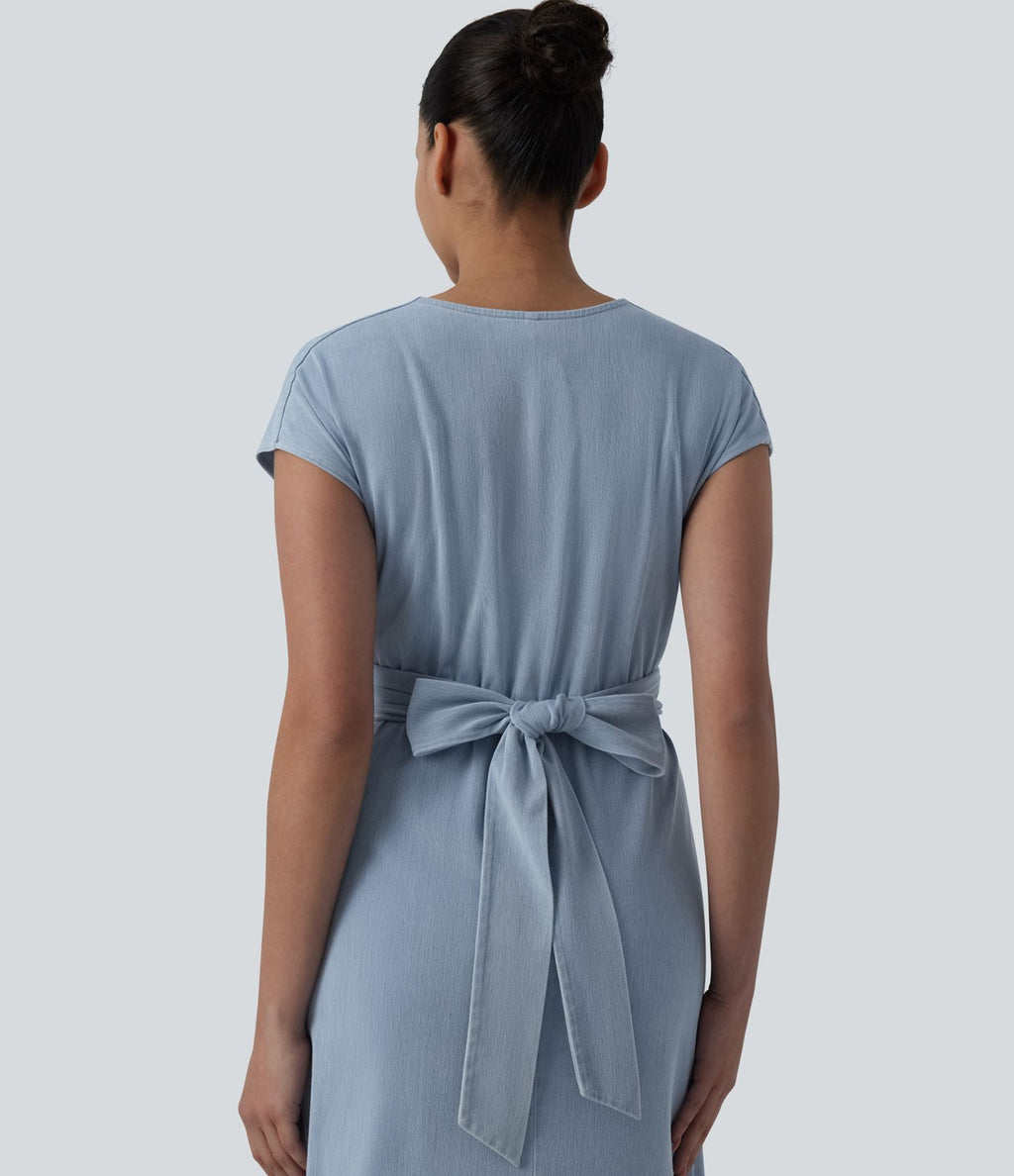 Robe mi-longue casual denim Halara Flex™ col V manches courtes avec nœud au dos et poches