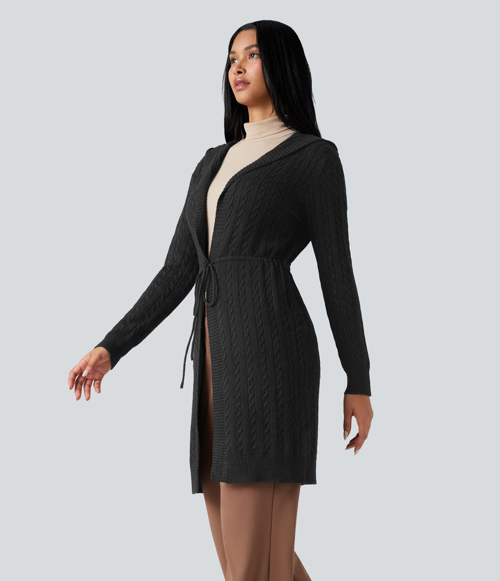 Cardigan long à capuche cordon de serrage manches longues