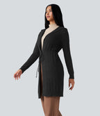 Cardigan long à capuche cordon de serrage manches longues