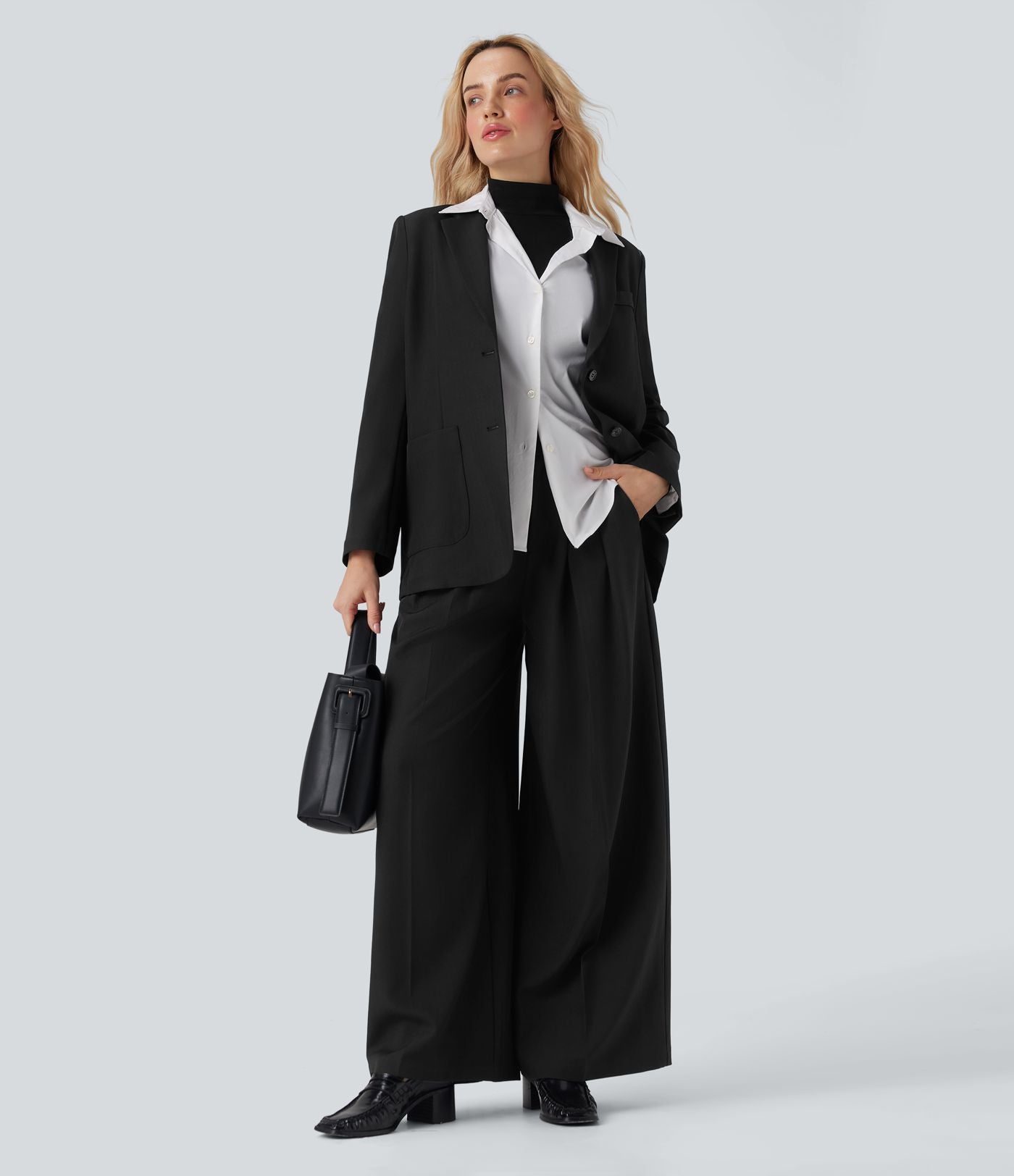 Pantalon tailleur anti-froissement aspect lin taille haute jambe large avec poches
