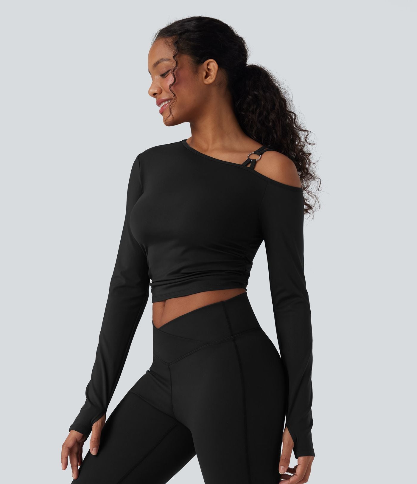 Haut de sport yoga SoftlyZero™ Airy une épaule manches longues avec passe-pouces froncé effet frais InstantCool, protection solaire UPF50+