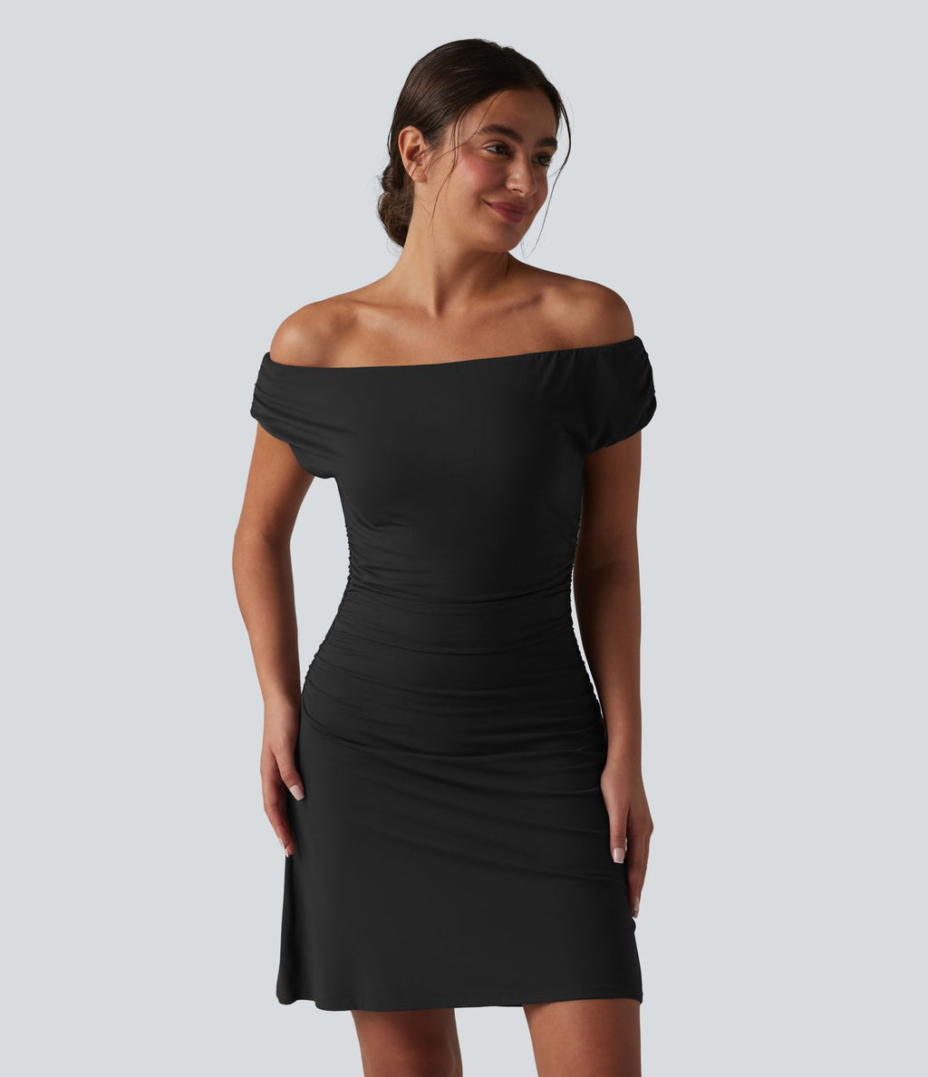 Robe de yoga active 2 en 1 SoftlyZero™ à épaules dénudées, bretelles amovibles et soutien-gorge intégré, avec poches - Facile à porter