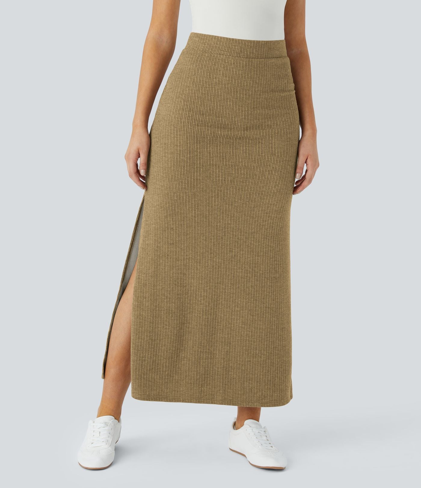 Jupe Casual Maxi à Taille Haute et Ourlet Fendu en A-Line en Côtes