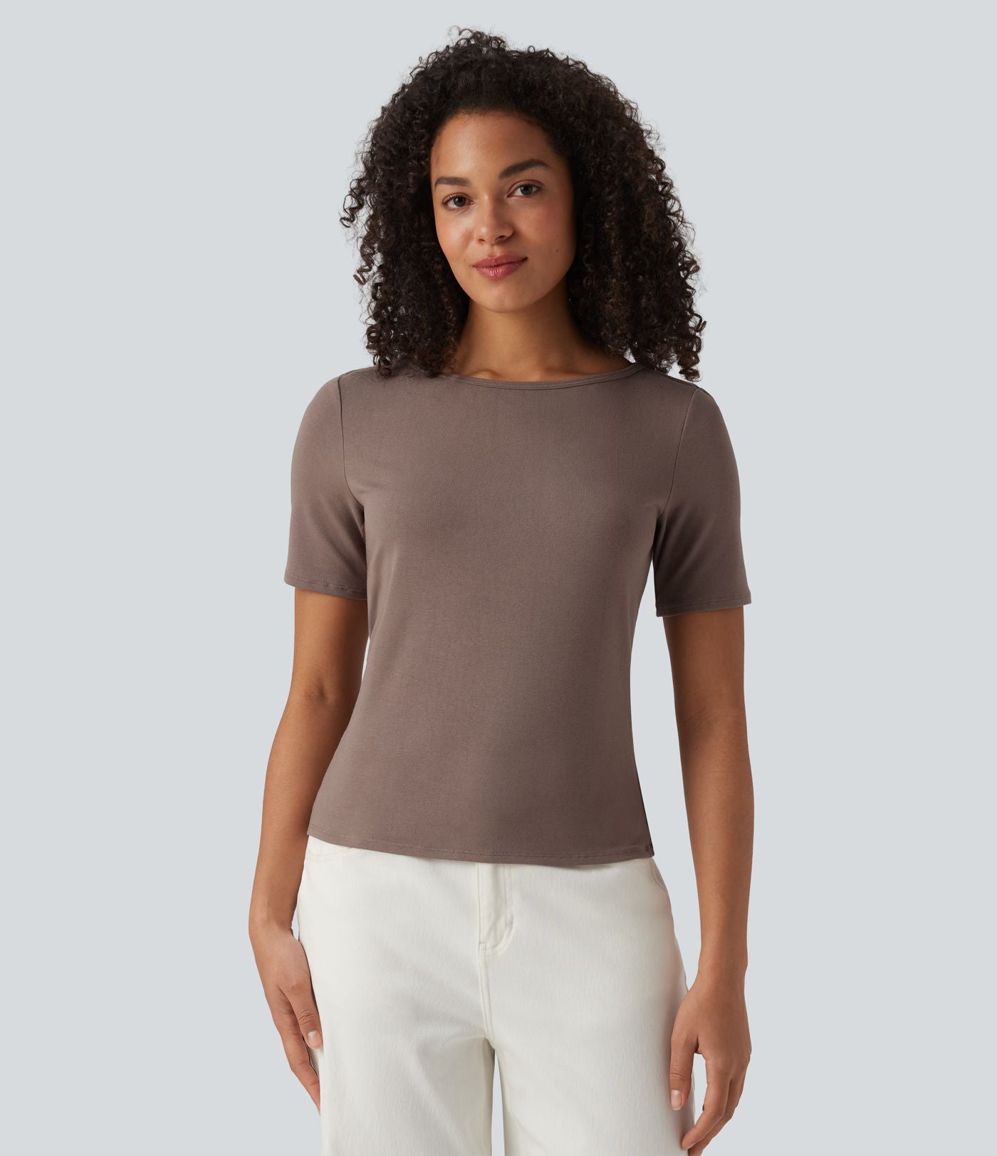 T-shirt casual manches courtes col bateau maille côtelée