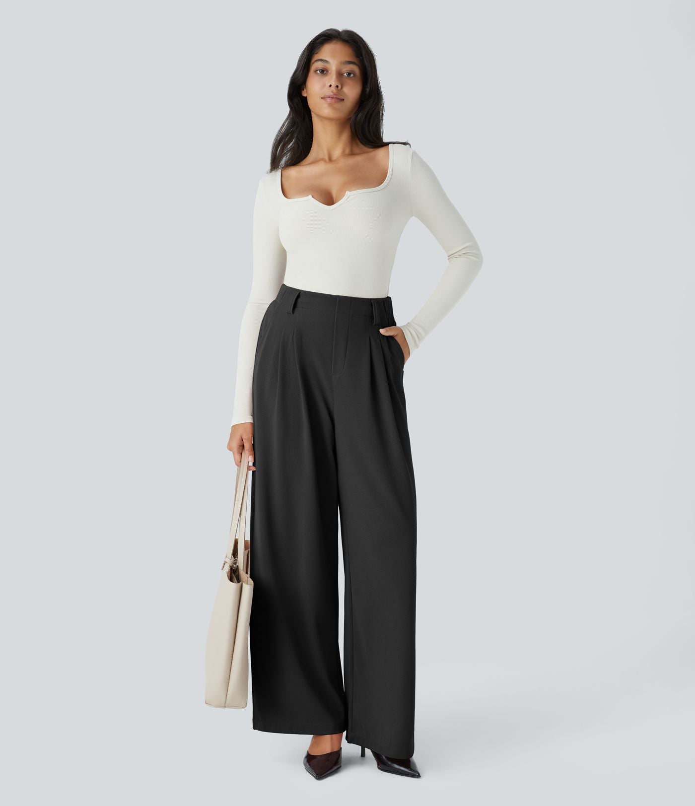 Halara Flex™ Pantalon Tailleur en tissu gaufré à taille haute, jambes larges, plis et poches latérales
