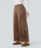Pantalon barrel polaire côtelé taille mi-haute avec poches