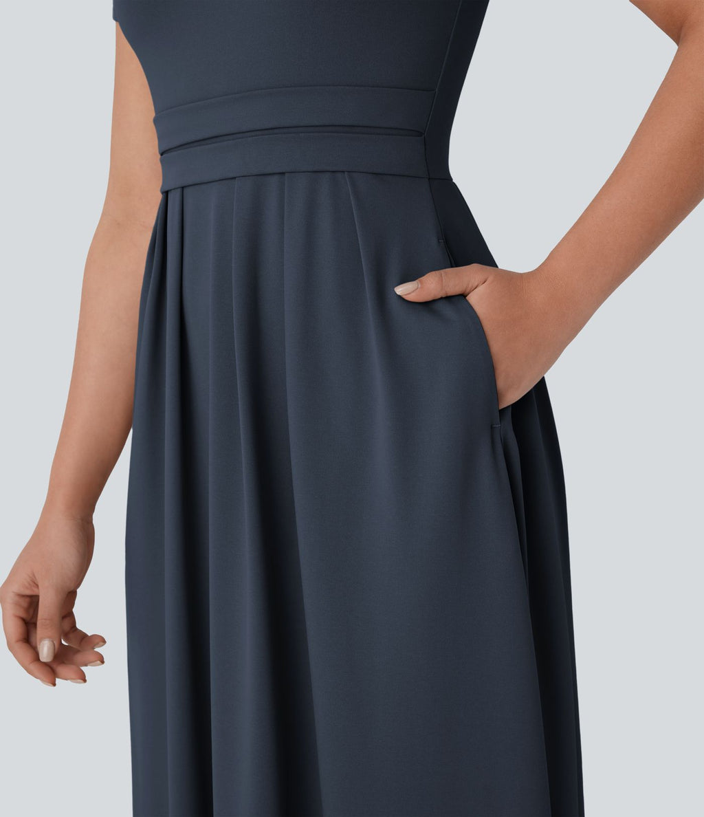 Robe longue décontractée à col montant, manches courtes et poches latérales