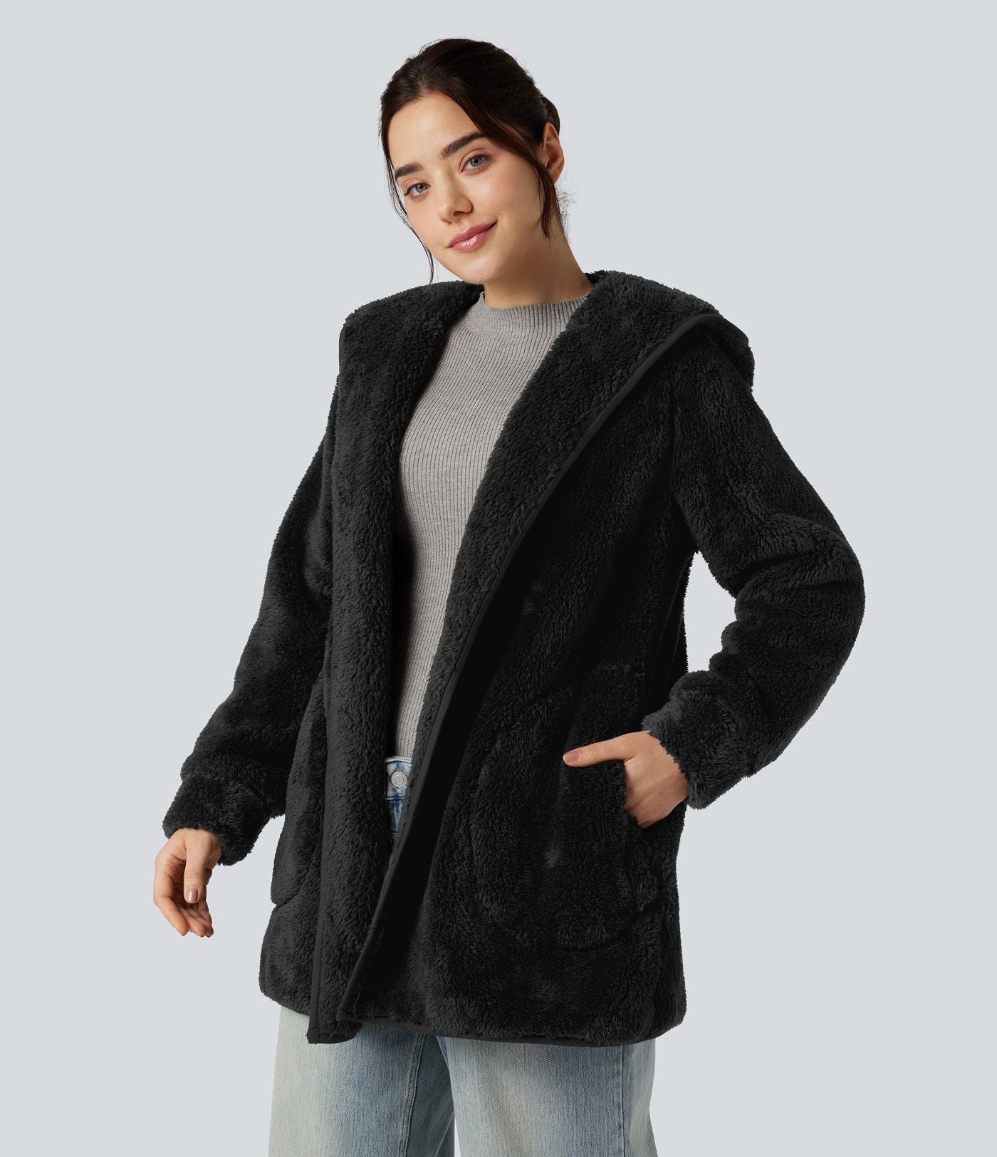 Manteau teddy à capuche manches longues avec poches