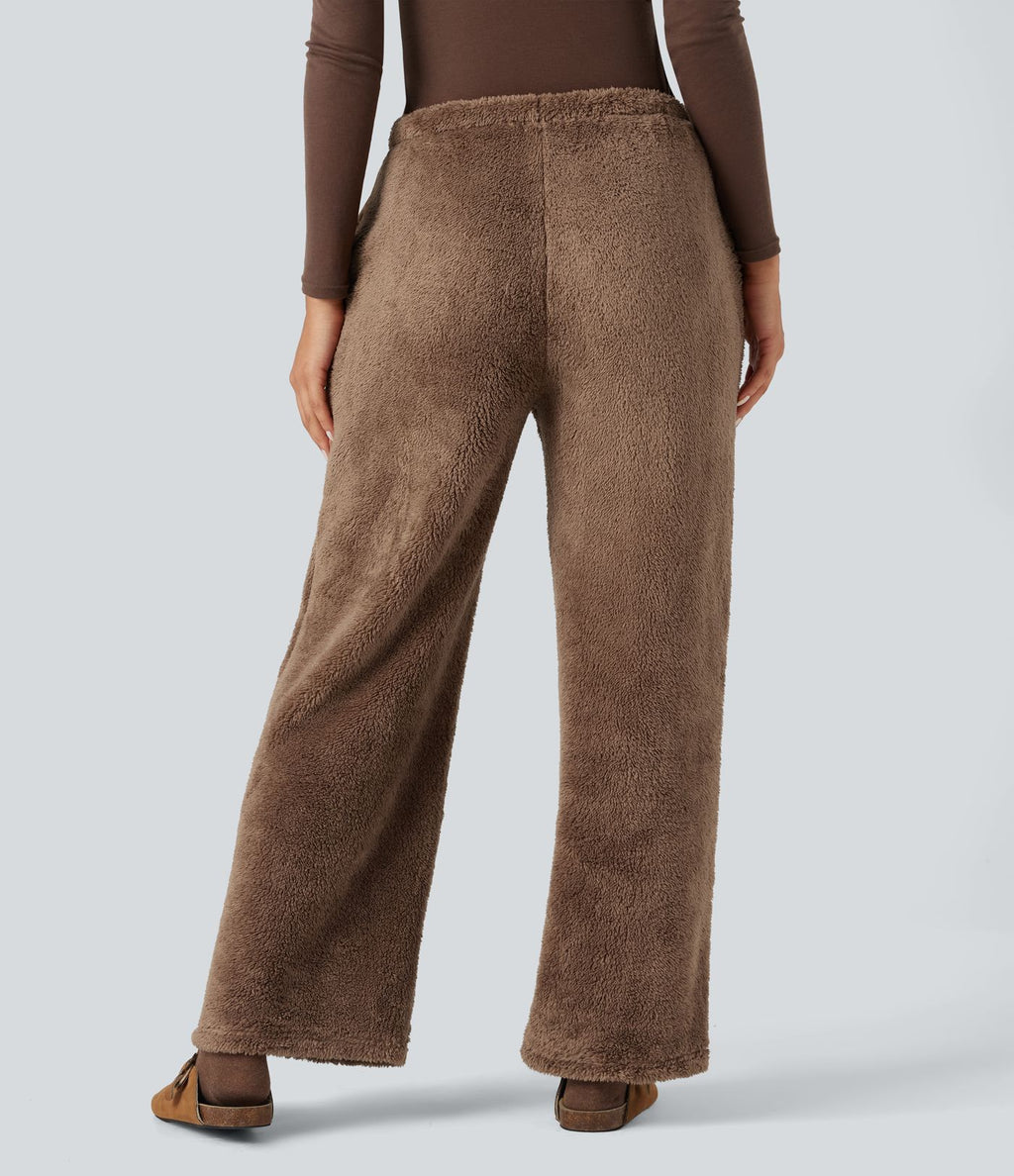 Pantalon coupe droite teddy taille mi-haute avec cordon de serrage et poches