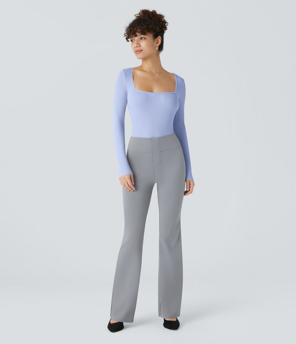 Bodysuit de Travail Tricot Côtelé Col Carré Manches Longues Boutonné Silhouette Élancée