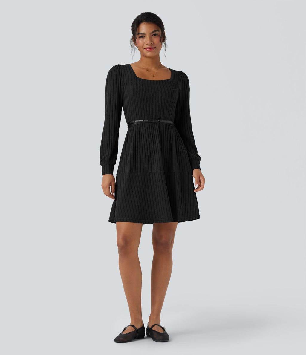 Robe décontractée maille côtelée décolleté carré manches longues bouffantes avec poches