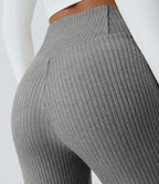 Pantalon Taille Haute Casual Évasés en Tricot Côtelé avec Poches Latérales et Croisé