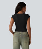 T-shirt décontracté ultra-ajusté col V manches courtes extensible et doux pour la peau