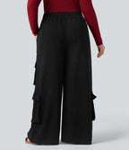 Pantalon cargo décontracté grande taille, ample, côtelé, taille mi-haute, à cordon, avec poches