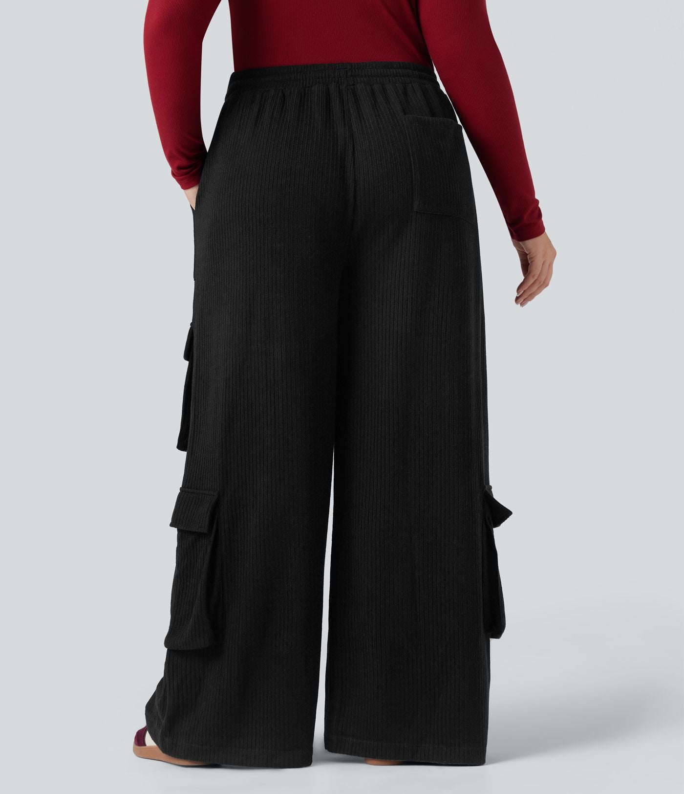 Pantalon cargo décontracté grande taille, ample, côtelé, taille mi-haute, à cordon, avec poches