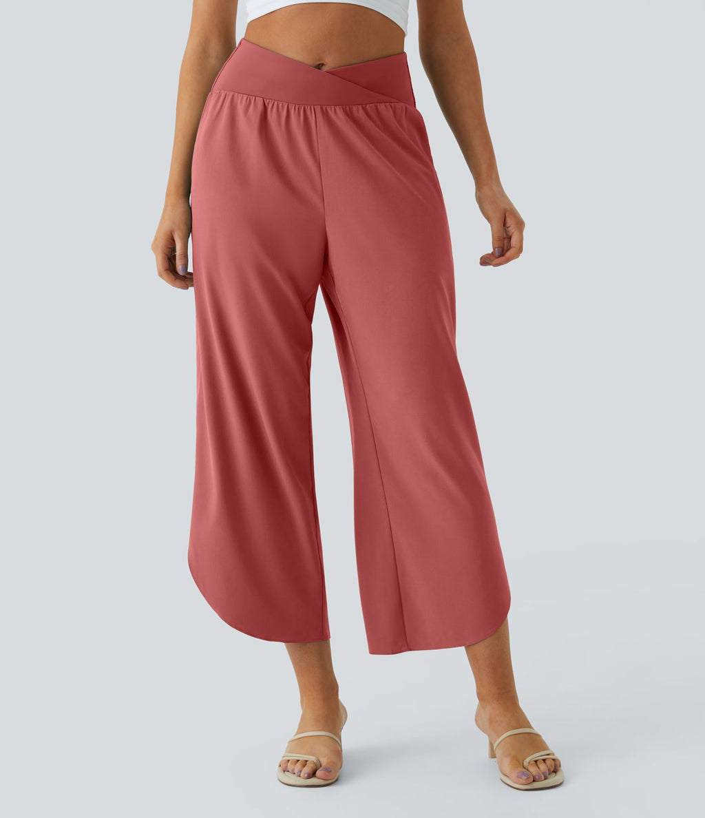 Breezeful™ Pantalon Fluide Vacances Séchage Rapide Taille Haute Croisée Poches Latérales Plissées Fente