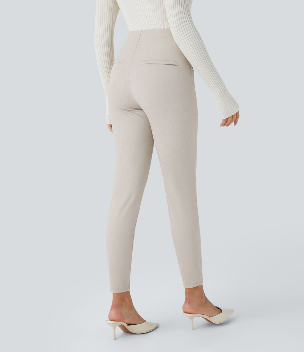 Pantalon tailleur skinny gainant taille haute à chevrons avec poches arrière zippées décoratives