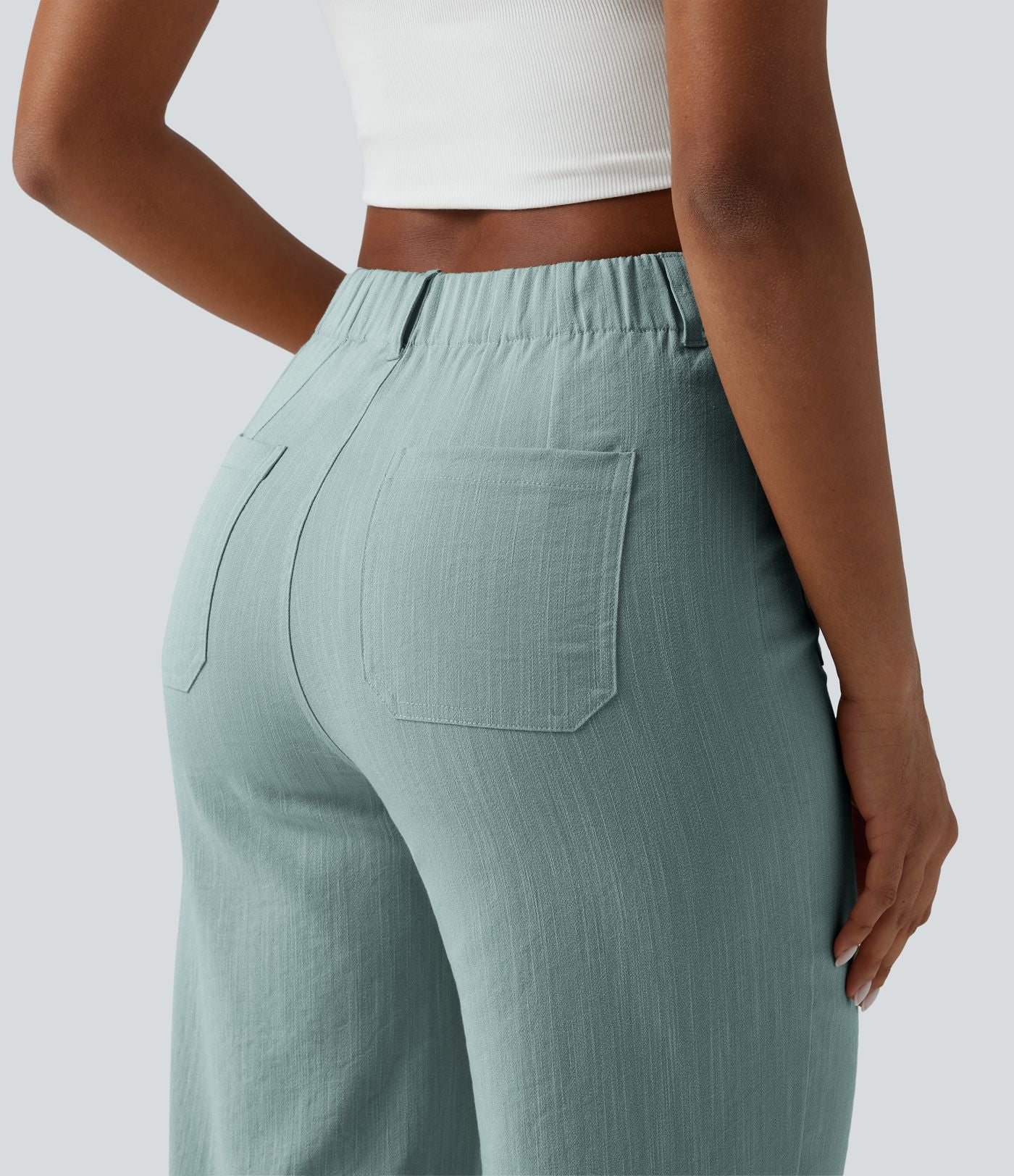 Pantalon taille haute coupe droite effet lin avec poches