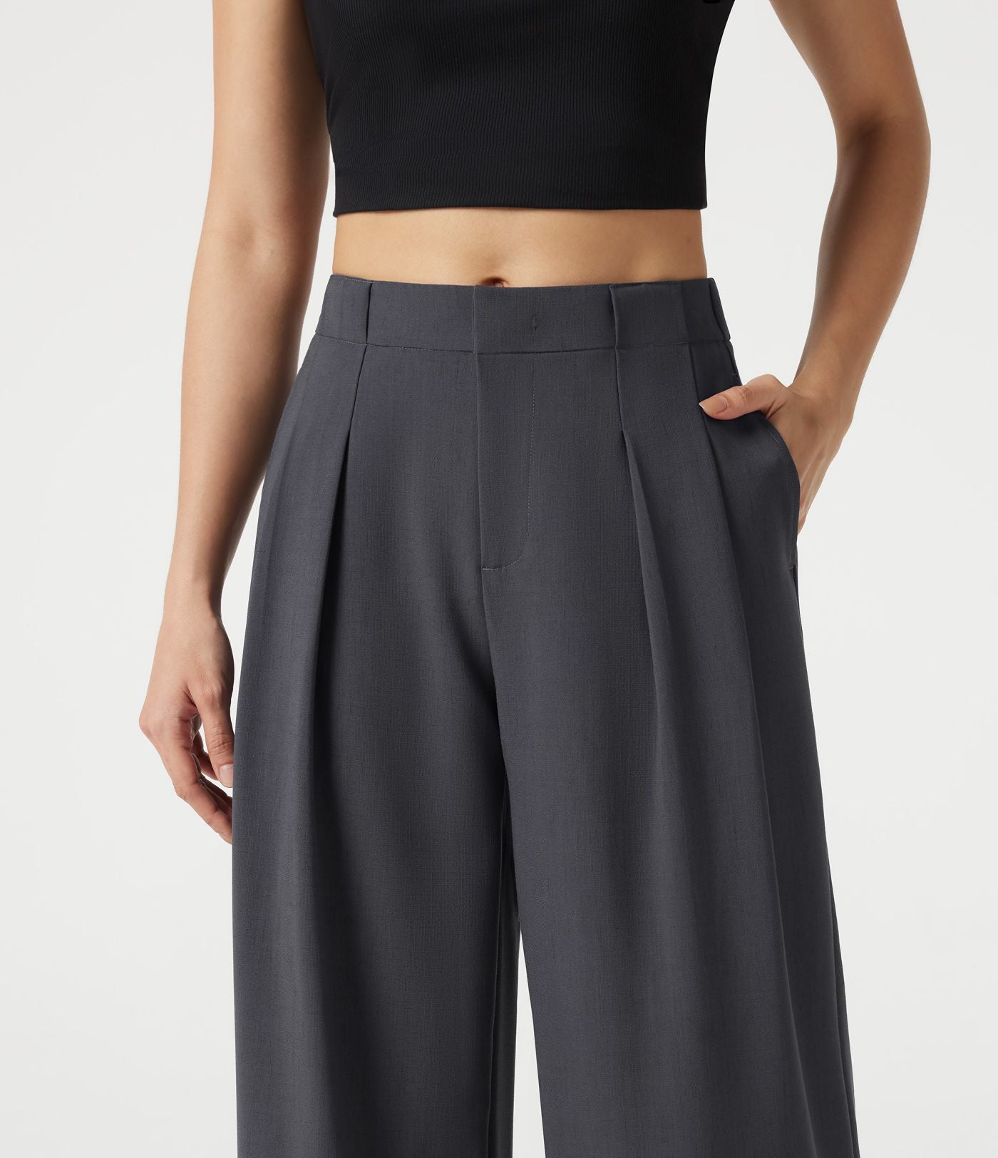 Pantalon casual ample toucher lin taille mi-haute à poches