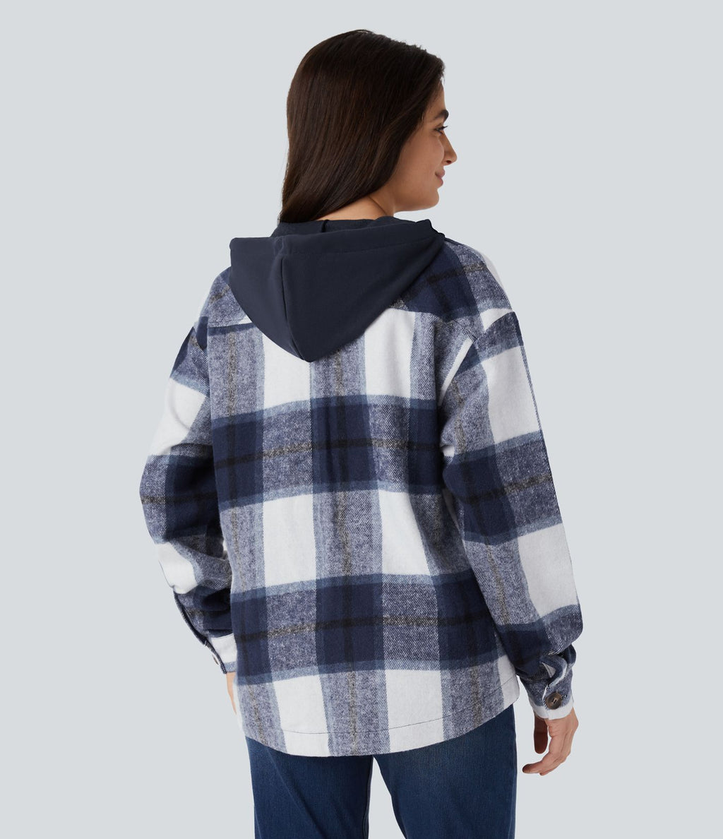 Veste de Casual à Carreaux en Polaire à Capuche avec Cordon de Serrage Boutons et Poches Latérales