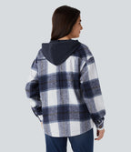 Veste de Casual à Carreaux en Polaire à Capuche avec Cordon de Serrage Boutons et Poches Latérales