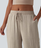 Pantalon droit taille mi-haute aspect lin avec cordon de serrage et poches
