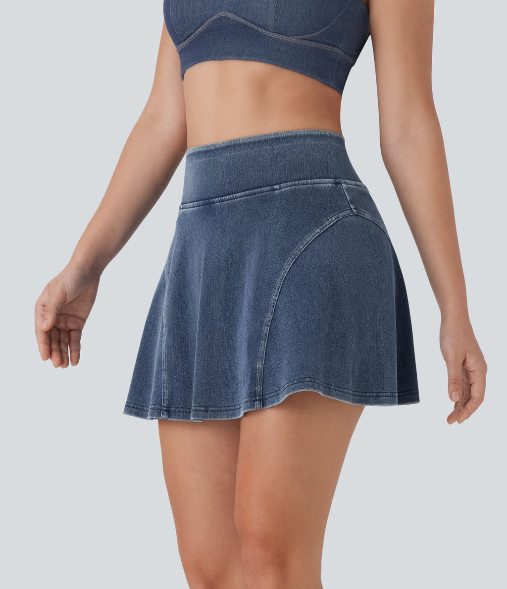 Mini-jupe décontractée Halara Flex™ évasée 2-en-1 taille haute en denim stretch lavé avec poches